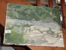 Small oil on canvas by Peter John Garrard titled "Dried up river bed", 12" x 16", gallery label