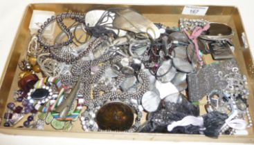 Large tray of assorted costume jewellery, including silver