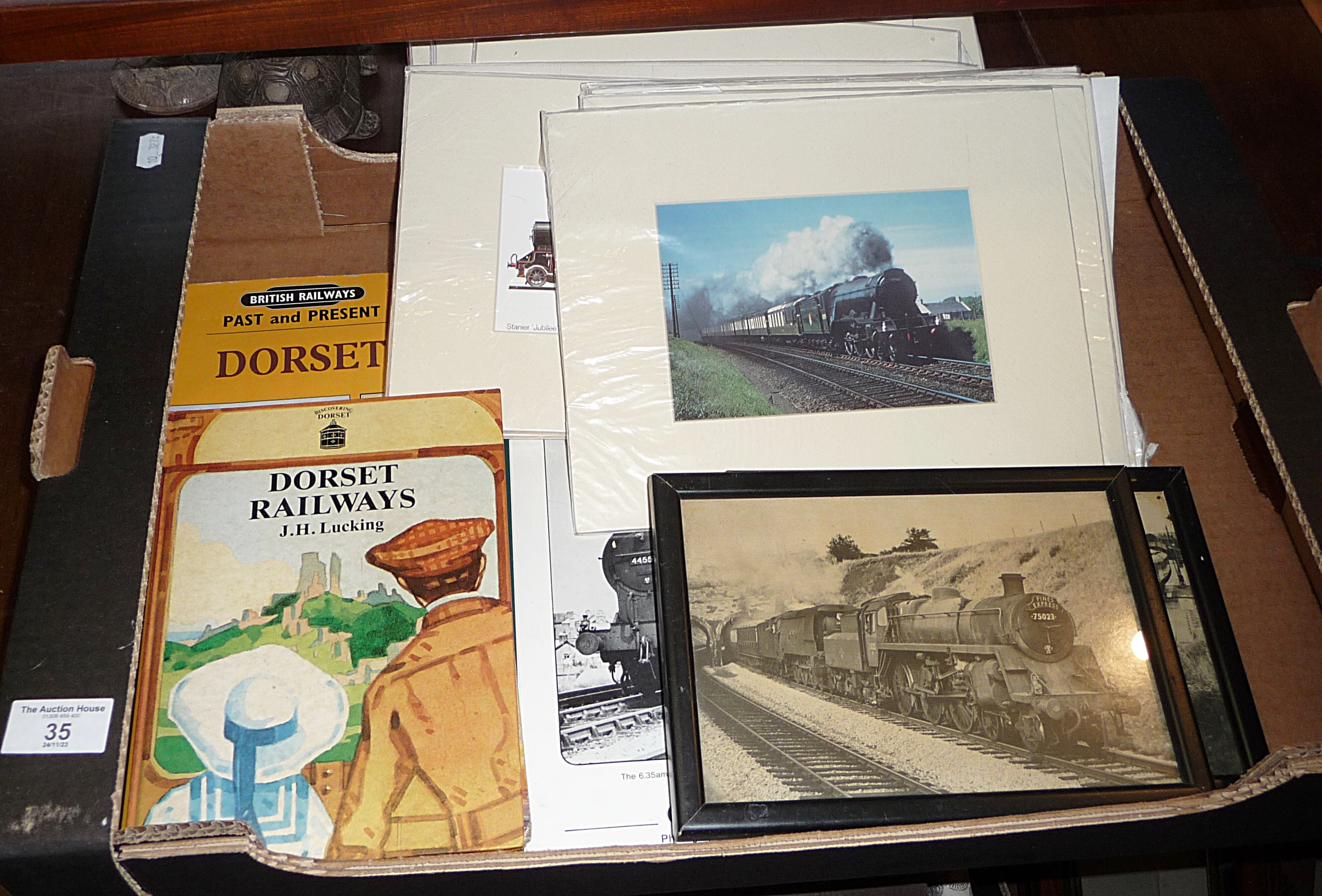 Assorted railway books and photographs of locomotives including "Dorset Railways" by J.H. Lucking