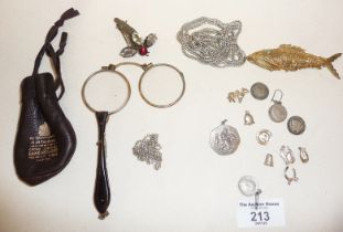 Lorgnettes, long silver chain, silver gilt articulated fish pendant and other silver items