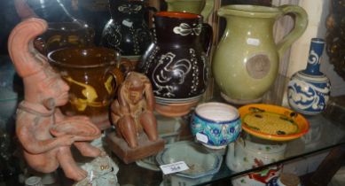 Assorted pottery inc. Isnik bowl, Aztec figures, slipware tyg (A/F), a Kew Gardens green glazed