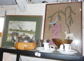 Assorted items including silver plated tea set, two china chambersticks, a watercolour and a