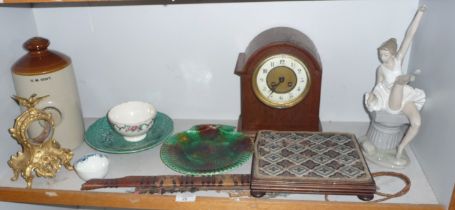 Miscellaneous items including clock, stone hot water bottle and a Victorian beadwork stand etc