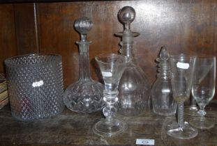 Irish 3 knop decanter, two 18th c. wine glasses (A/F) and other glass