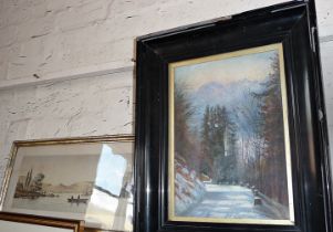 Victorian oil on canvas of an Alpine scene titled verso "ice on the road Switzerland", together with