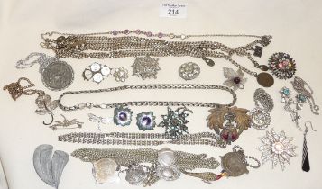 Assorted silver and white metal chains, medallion, brooches, etc.