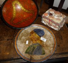 Shell box, La Giara pottery plate and an Indian painted wood salad bowl