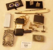 Silver vesta case, an Endura pocket slide purse watch in black "shagreen" case, two lighters and