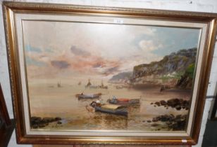 Oil on canvas of a Mediterranean coast with fishing boat at sunset, indistinctly signed