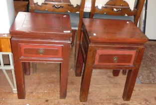 Pair of Chinese red lacquer wooden side tables with drawer