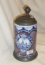 19th c. Delft beer stein with pewter lid and foot (cracked), 26cm high