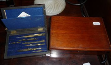 Victorian rosewood cased drawing instruments and a jewellery box