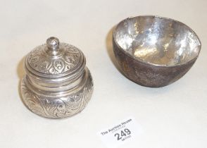 Oriental silver (925) lidded pot and a Chinese silver lined carved wood bowl