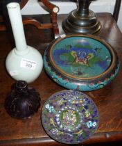 Chinese Peking glass bottle vase, a Cloisonné bowl, an enamel dish and an early burgundy coloured