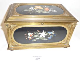 19th c. Italian pietra Dura and gilt bronze casket. Panels inlaid with floral sprays on a black