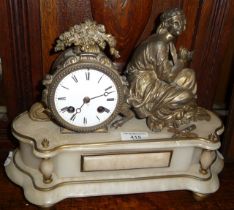 French mantle clock on marble base, surmounted by ormolu figure of a classical lady with lyre