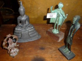 Roman bronze figurine, a bronze buddha, an African stylised figure of a man and a small Indian