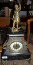 French ormolu mounted and shaped marble mantle clock having brass and enamel dial surmounted by