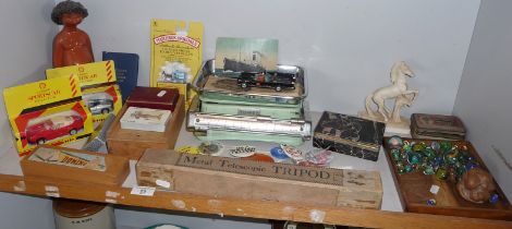 Miscellaneous items including a Tower Household beam kitchen scales, marbles, badges etc