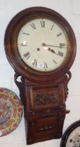 Victorian drop dial 8 day wall clock, 11" diameter dial in carved mahogany case