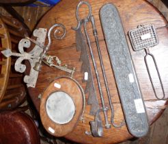 Collection of metalware inc. iron pot hook, biscuit mould, wrought iron hook and a shaving mirror,