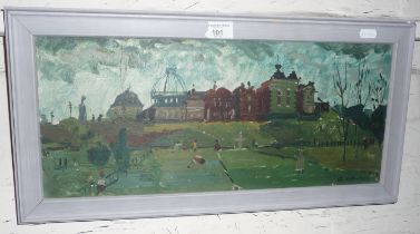 Early 20th c naive oil on board of Greenwich by G. Atkinson