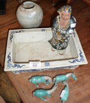 18th c. Chinese blue and white rectangular planter (crack), a ginger jar, a figure of a man and four