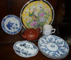 Chinese blue and white porcelain shaped dish, similar plates and a red ware teapot (7 pieces)