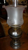 Brass oil lamp with etched glass shade