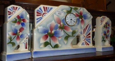 French Art Deco ceramic clock garniture with later movement