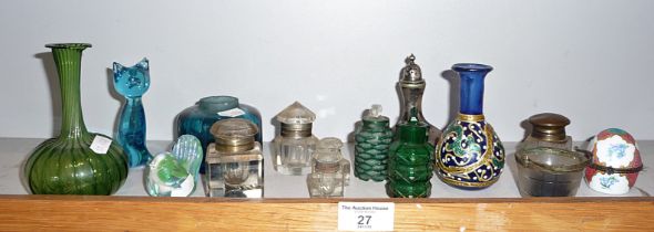 Six glass inkwells, a small Bohemian overlay glass vase, a similar Venetian glass vase and other