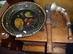 Eastern European painted wood dish, a hunting horn and an 18th c. wood and iron torch holder