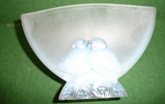 Art Deco Lalique-style opaque glass flower vase with lovebirds relief decoration