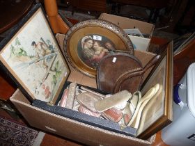 Assorted items including watercolour sketches, print in giltwood frame, dressing table sets etc