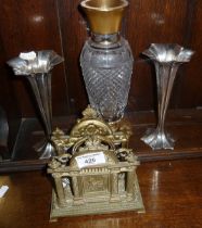 Brass letter rack, pair plated spill vases and gilded cut glass vase