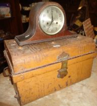 A Napolean hat clock and Victorian grained tin trunk