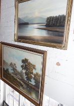 Large oil on canvas of farmland with cottage and pond by P. Wilson and another painting of a lake