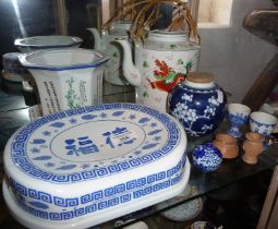 Assorted Chinese porcelain, inc. prunus ginger jar, blue and white pillow, jardiniere and stand,