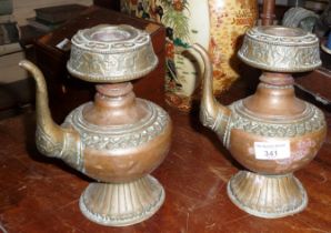 Pair of old Eastern copper and brass kendhi jugs