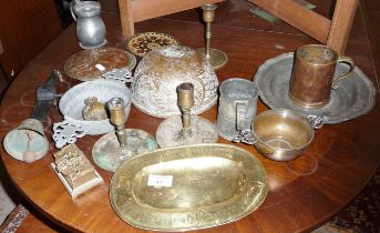 18th & 19th c. metalware including pewter quaich, armorial brass tray, tankards, Sheffield plate