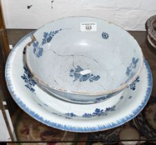 19th c. Delft dish 31cm diameter (riveted) and a similar Delft bowl (also riveted)