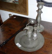 Assorted old pewter inc. Georgian toddy ladle, plate with London touchmarks, a candlestick and two