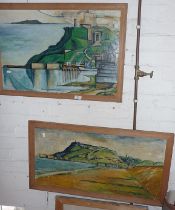 Naive oil on board of a view of Weymouth Harbour and the Nothe Fort with Portland in the distance by