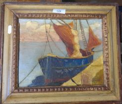 Oil on board of a sail fishing boat moored to a quay, by Jose Bernardi dated '47, 13" x 15" inc.