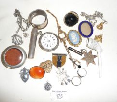 Assorted items inc. silver pocket watch (A/F), needle case, silver medallion, etc.