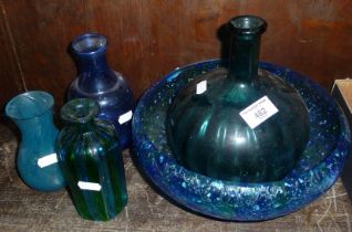 Old green glass bottle, three vases and a bowl