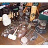 Large collection of assorted wood ornaments and figurines including Tribal Art masks, turned ebony