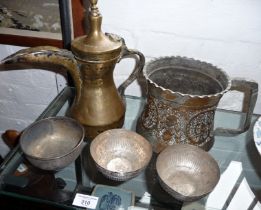 Large Islamic silvered copper vessel with iron handle, Turkish brass coffee pot and three silvered