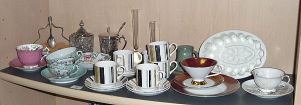 Midwinter coffee cups and saucers, other china cups and saucers, a Victorian jelly mould etc