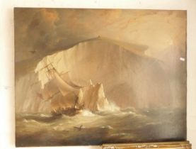 Large 19th c. marine oil on canvas of a sailing ship on a lee shore below white cliffs in heavy
